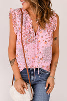 Pink Floral Print Drawstring Frill Trim Sleeveless Top