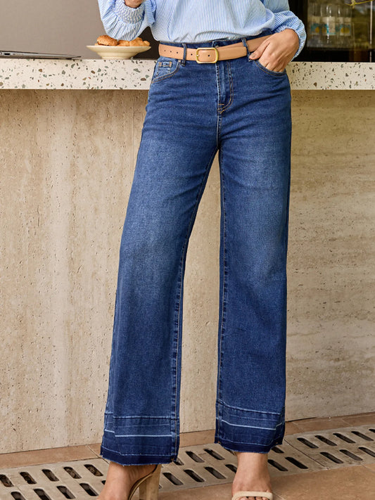 Raw Hem Straight Leg High Rise Jeans
