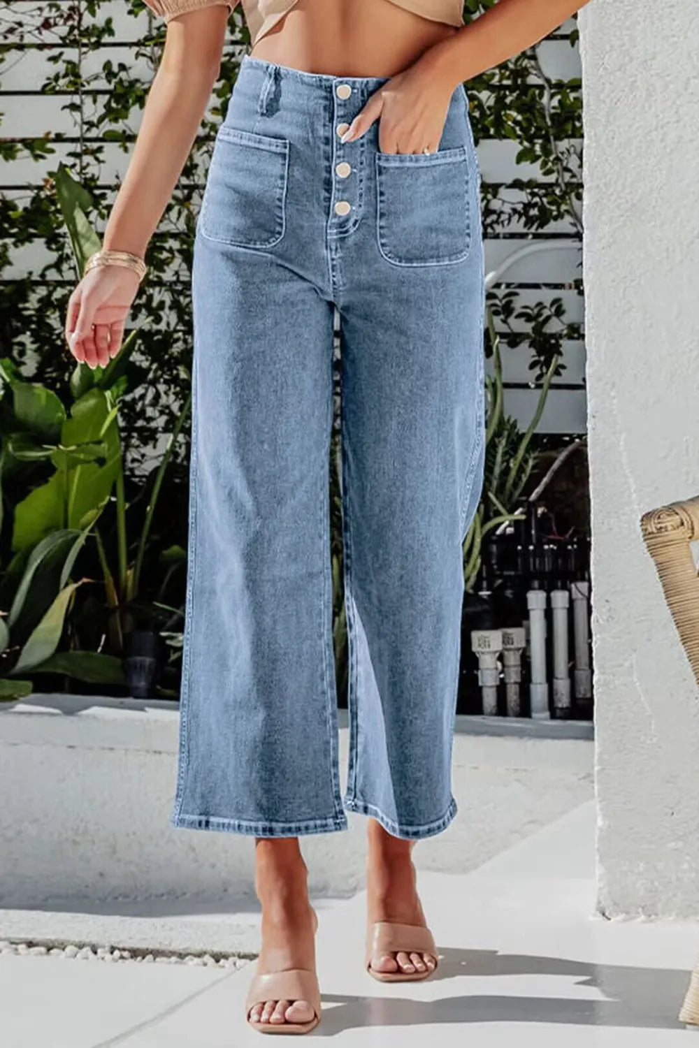 Button Fly Cropped Wide Leg Jeans light blue