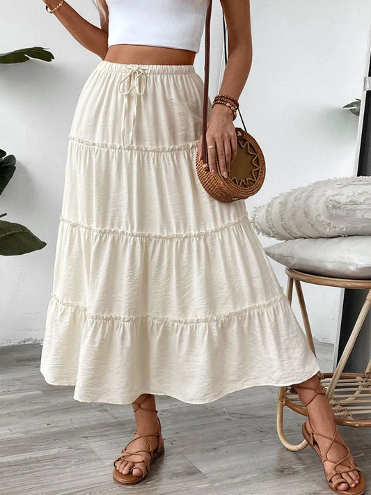 Women's Drawstring Frill Tiered Skirt - Flowy Boho Midi Skirt