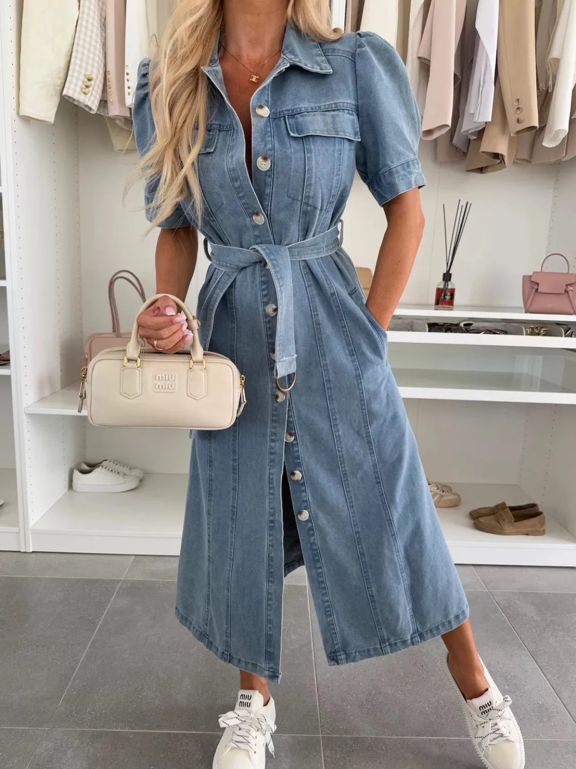 Women's Denim Midi Dress - Puff Sleeve Button Down Belted Dress