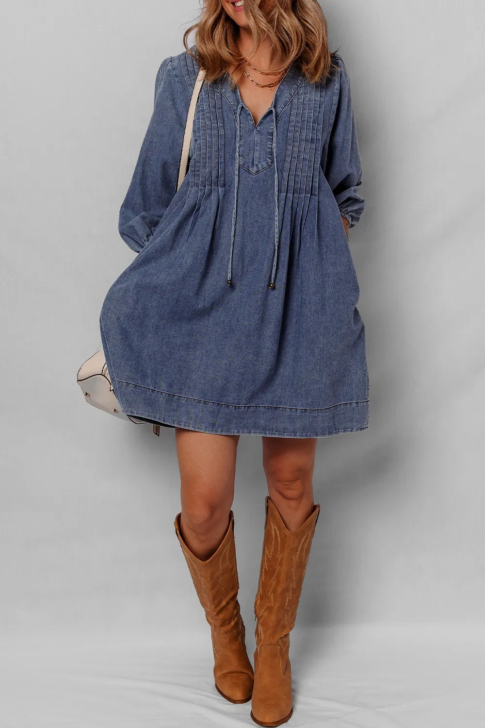 Women's Long Sleeve Denim Mini Dress with Tie Neck - Blue Denim Dress
