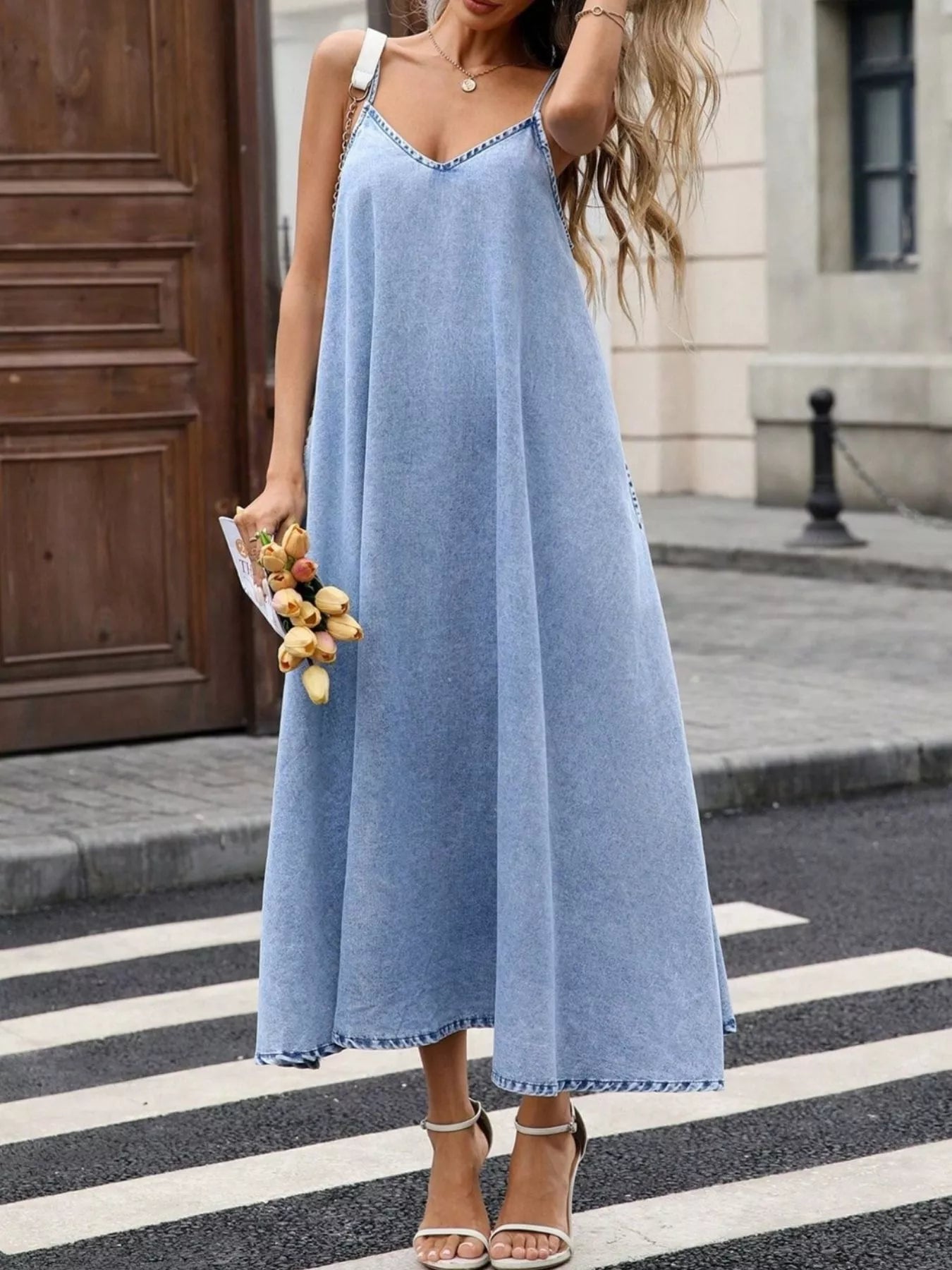 V-Neck Denim Cami Midi Dress