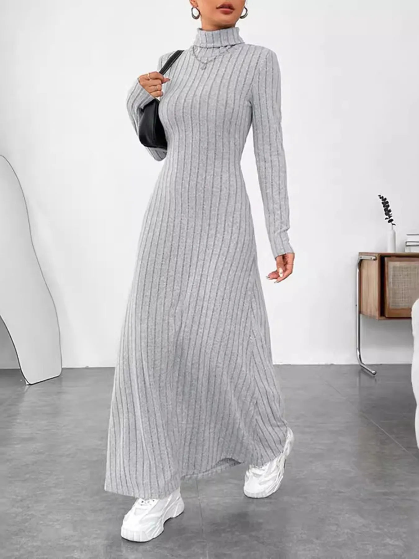 Ribbed Turtleneck Maxi Dress - Long Sleeve Knit Maxi Dress