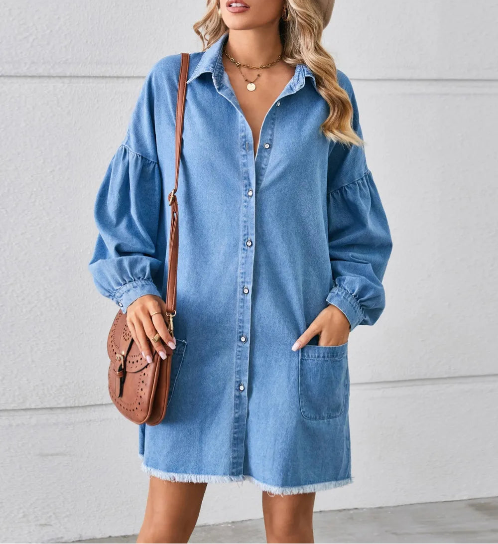 Denim Mini Shirt Dress with Pockets and Balloon Sleeves
