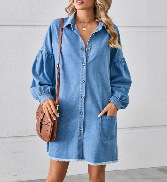 Denim Mini Shirt Dress with Pockets and Balloon Sleeves