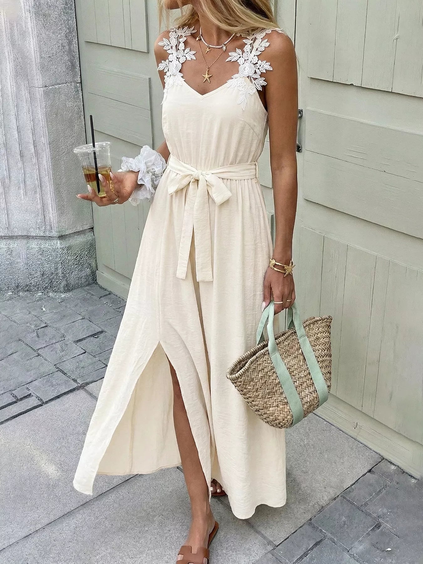 Lace Trimmed Maxi Dress with Slit - Women's Elegant Maxi Dress
