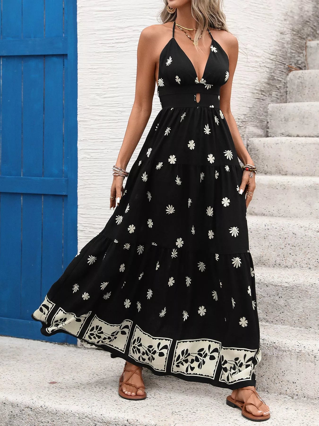 Black Floral Halter Neck Maxi Dress - Backless Halter Neck Maxi