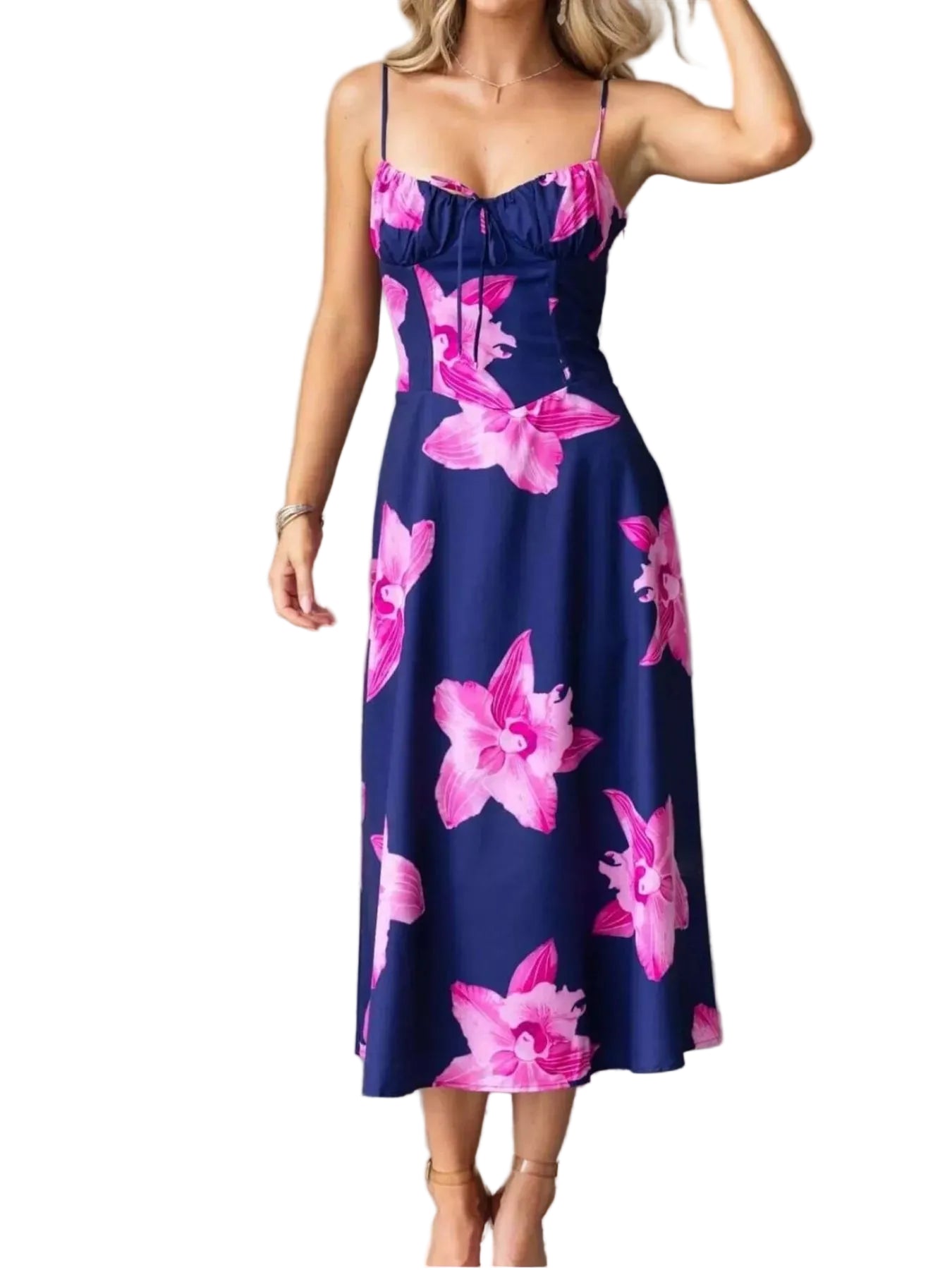 Floral Print Lace-up Cami Midi Dress