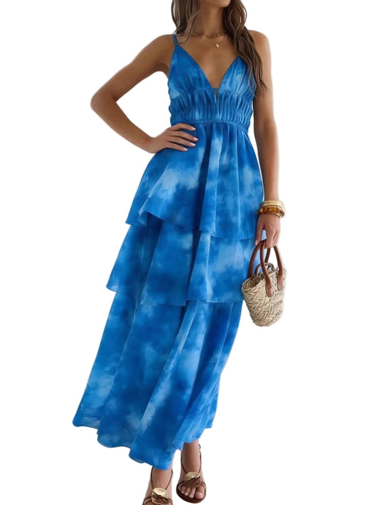 Tie-Dye Ruffled Layered Maxi Dress Blue