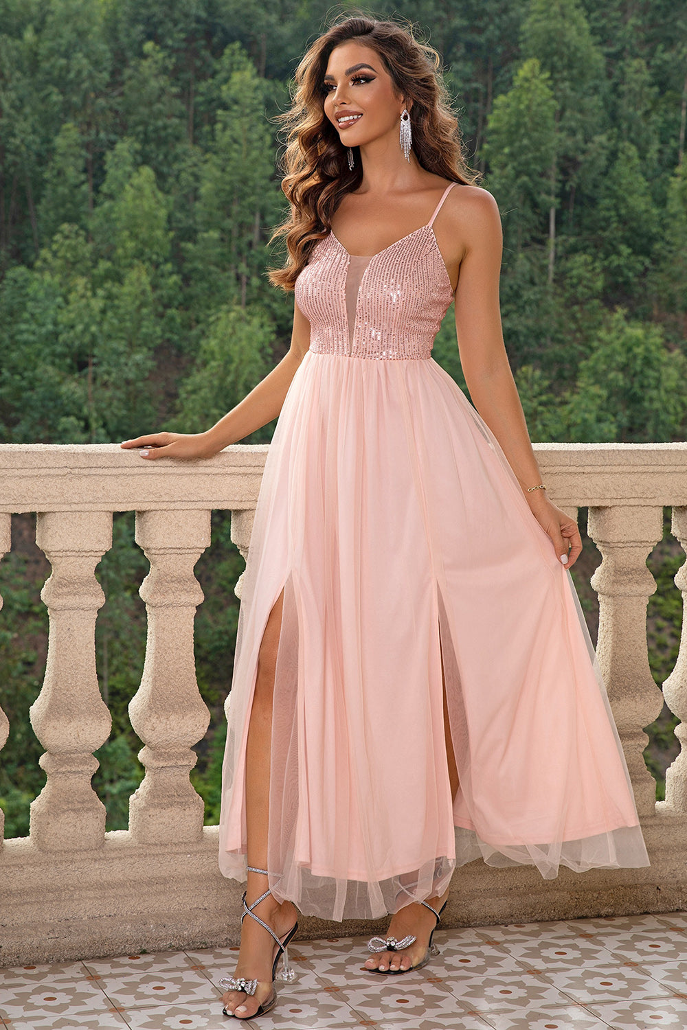 Sequin Bodice Mesh Cocktail Dress pink