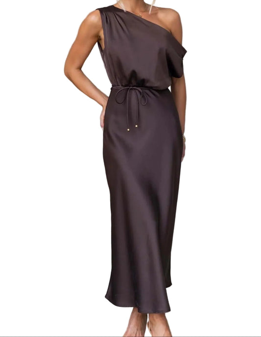 One-Shoulder Asymmetric Midi Dress with Tie Waist brown