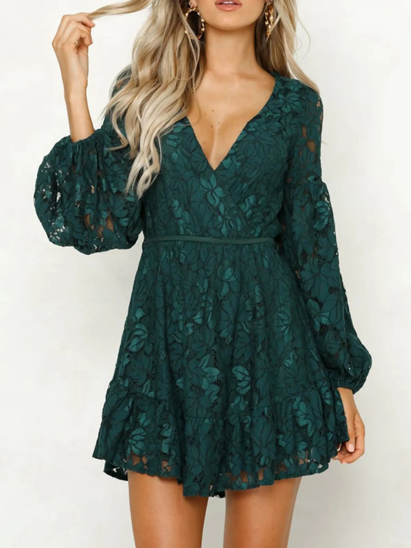 Lace Mini Dress Long Sleeve V-Neck - Lace Cocktail Party Dress