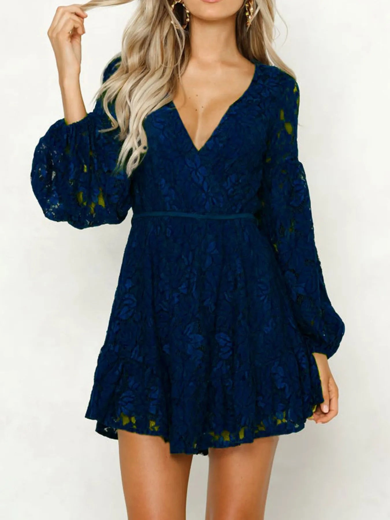 Lace Mini Dress Long Sleeve V-Neck - Lace Cocktail Party Dress