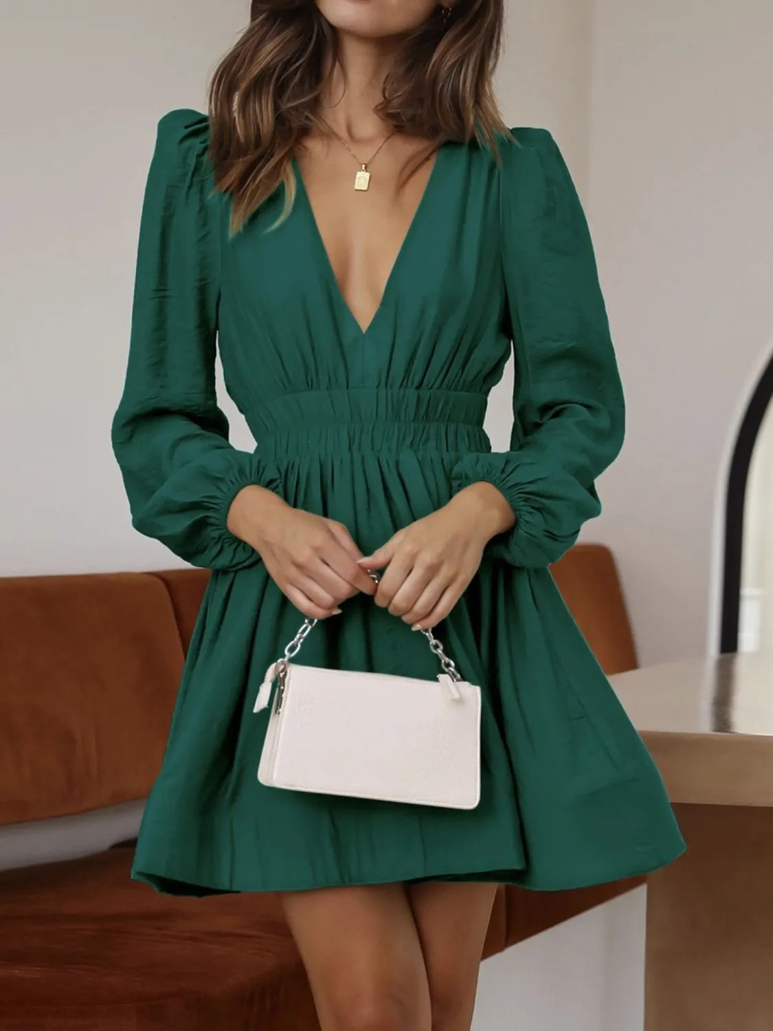 Ruched V-Neck Balloon Sleeve Mini Dress - Women's Party Cocktail Dress dark green