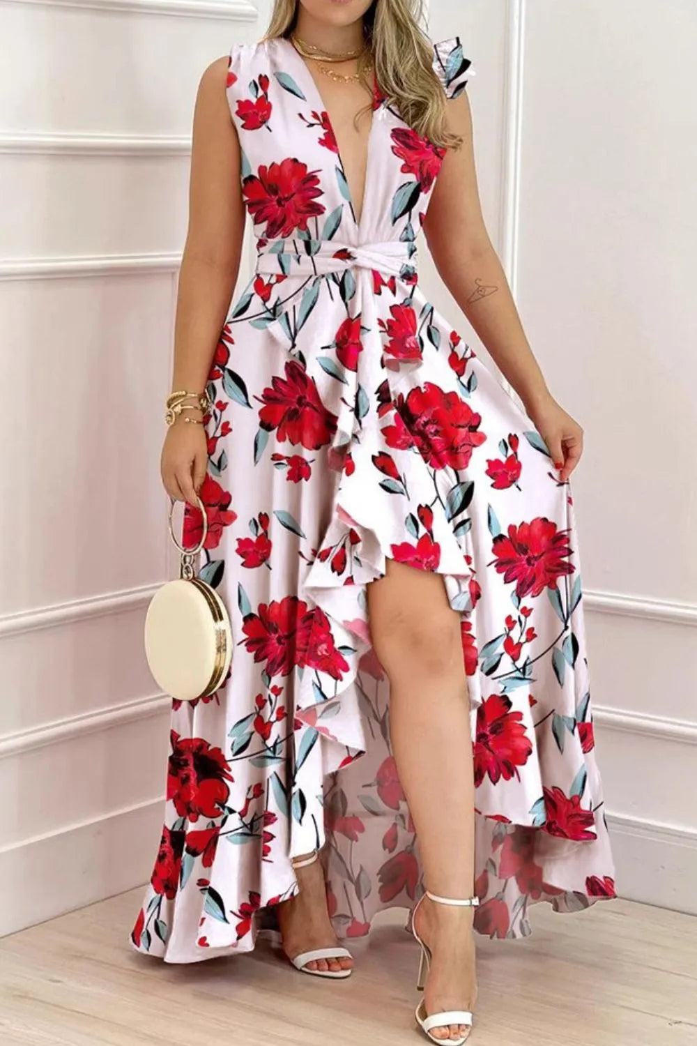 Ruffled Plunge Neck Sleeveless Maxi Dress - Elegant Evening Formal Gown Floral