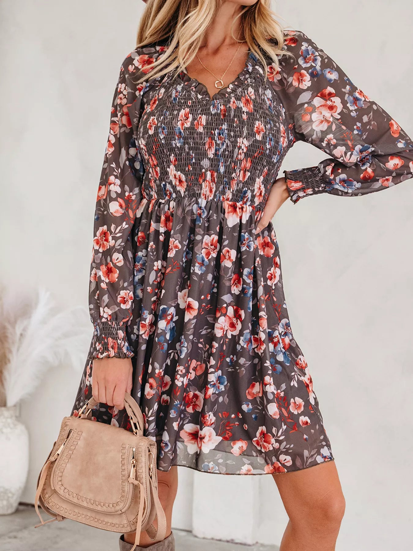 Floral Mesh Mini Dress - Long Sleeve Smocked Bodice Dress for Women