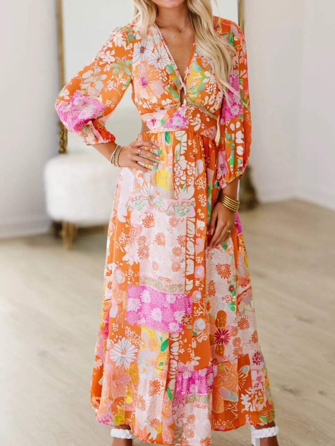 Vibrant Floral Long Sleeve Dress - Backless Lace-Up Design