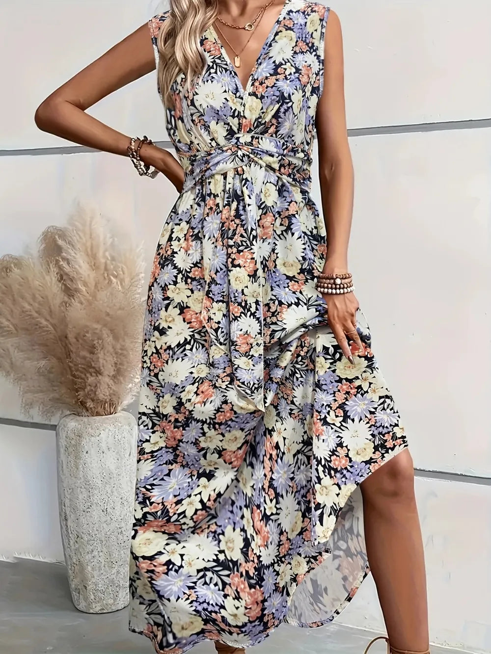 Women's Floral Midi Dress - Sleeveless Floral Dress for Special Occasions