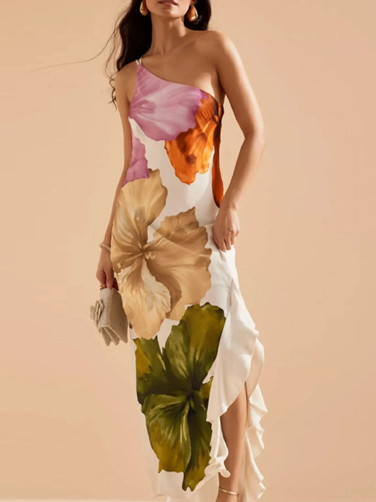 Women's One Shoulder Maxi Dress - Floral Print Formal Evening Dress