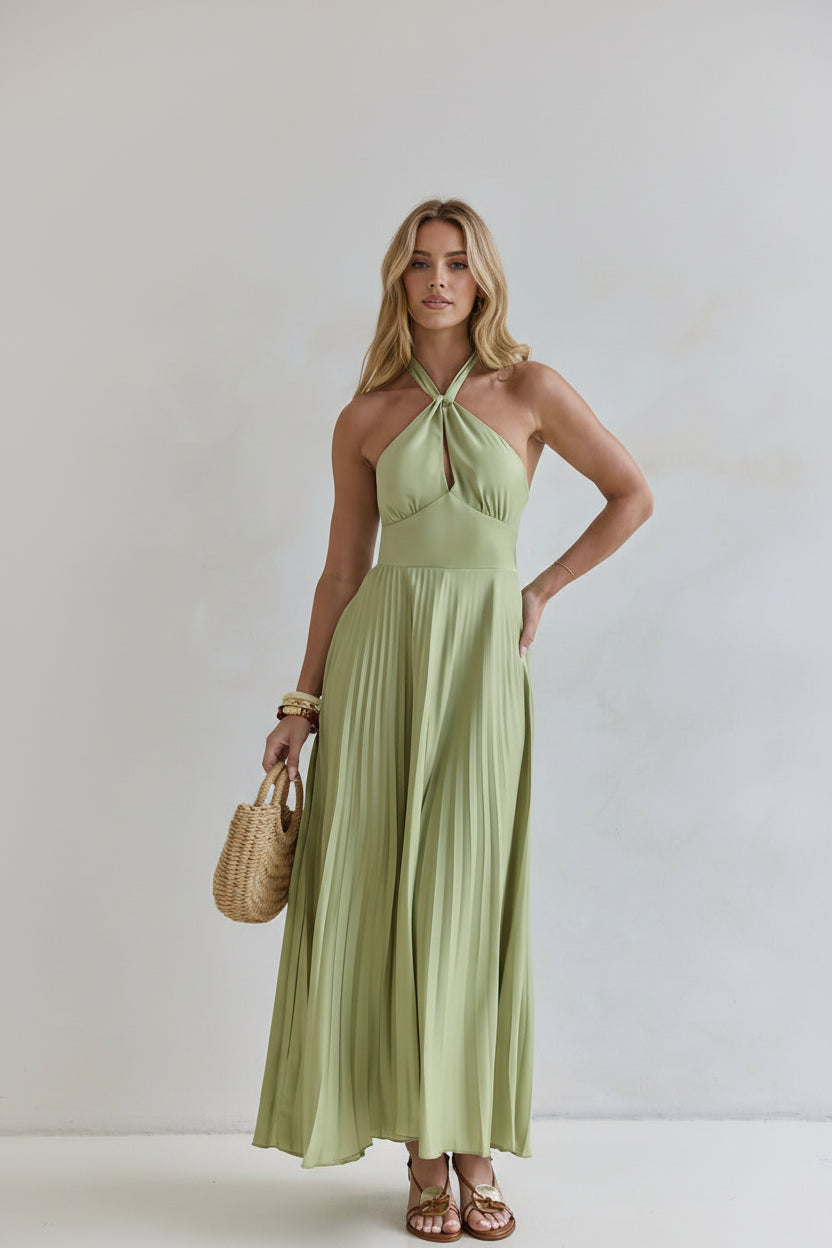 Halter-Neck Pleated A-Line Midi Dress Green