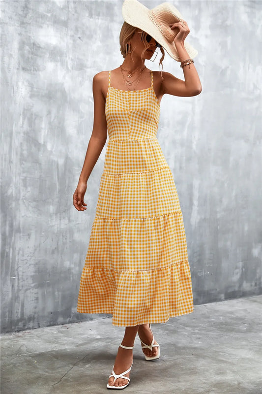 Plaid Square Neck Midi Cami Dress - Women's Sleeveless Summer Dress