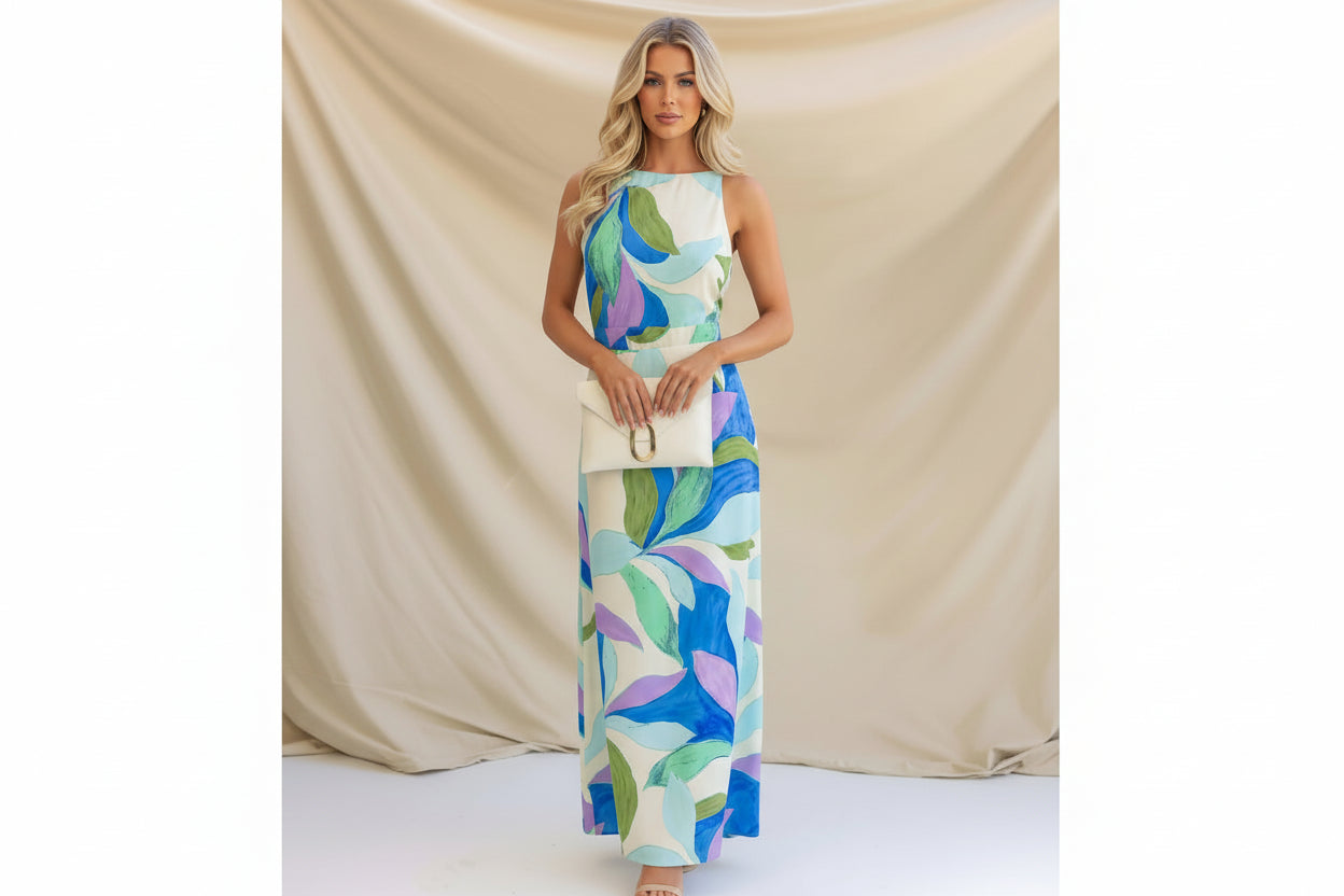 Modern Floral Print Backless Maxi Dress blue