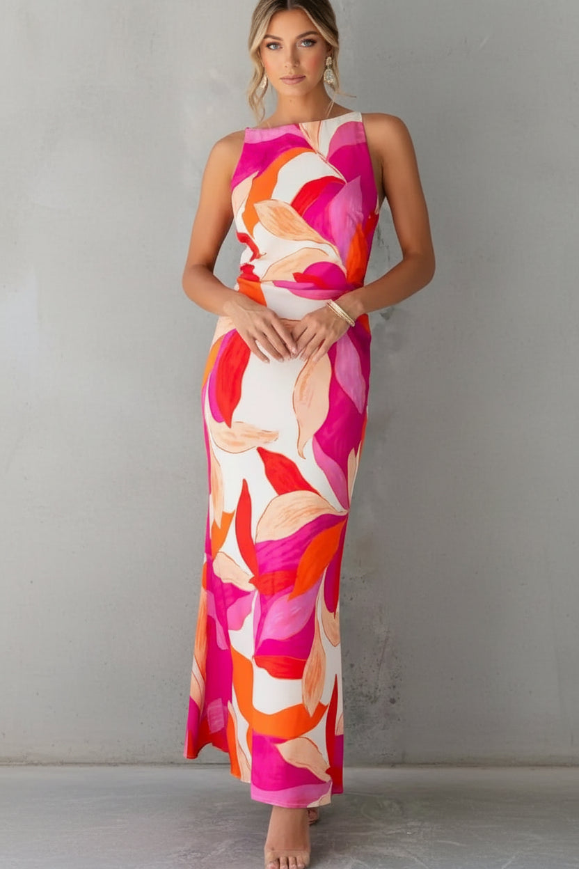 Modern Floral Print Backless Maxi Dress pink