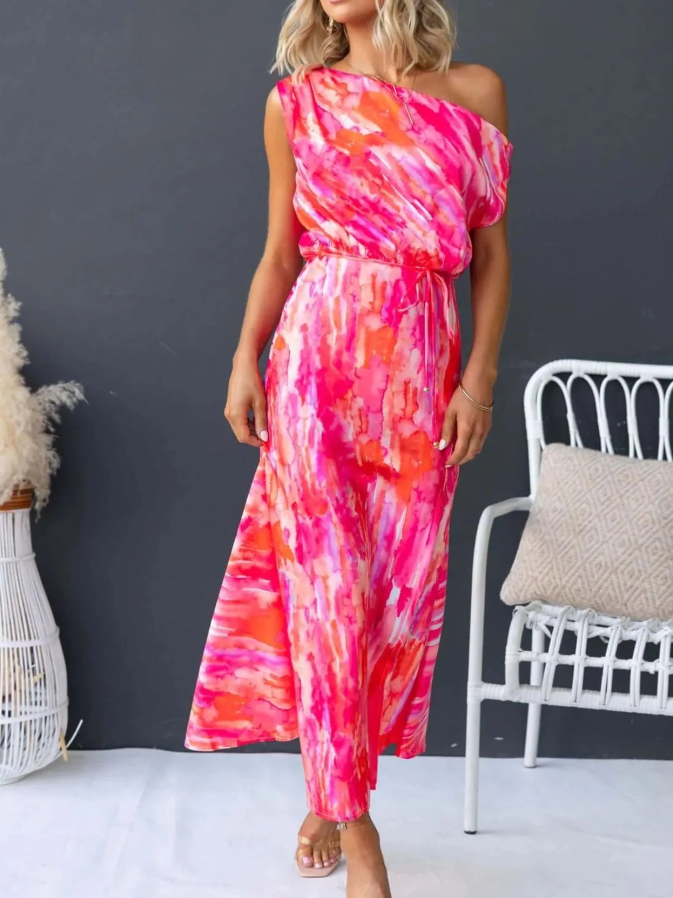 Abstract Print Asymmetrical Shoulder Midi Dress pink