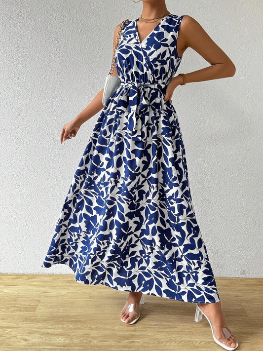 Floral Maxi Dress Women - Navy Belted Surplice Sleeveless Summer Dress - MARIGOLD COLLECTIONS AUSTRALIA