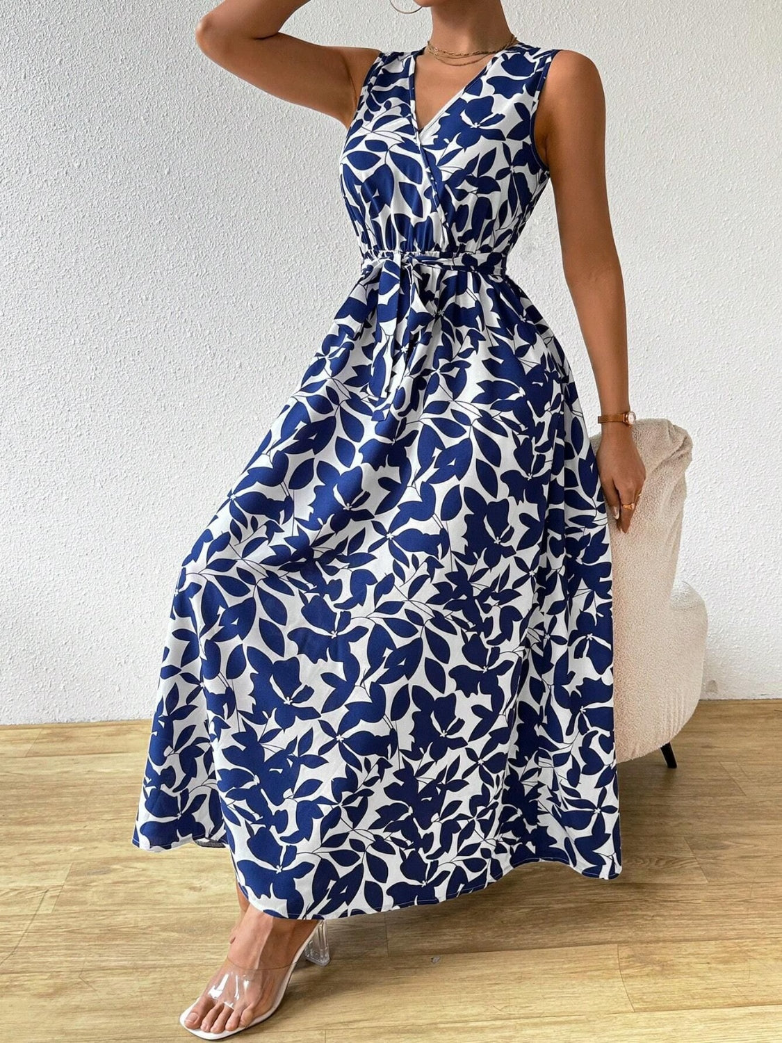 Floral Maxi Dress Women - Navy Belted Surplice Sleeveless Summer Dress - MARIGOLD COLLECTIONS AUSTRALIA