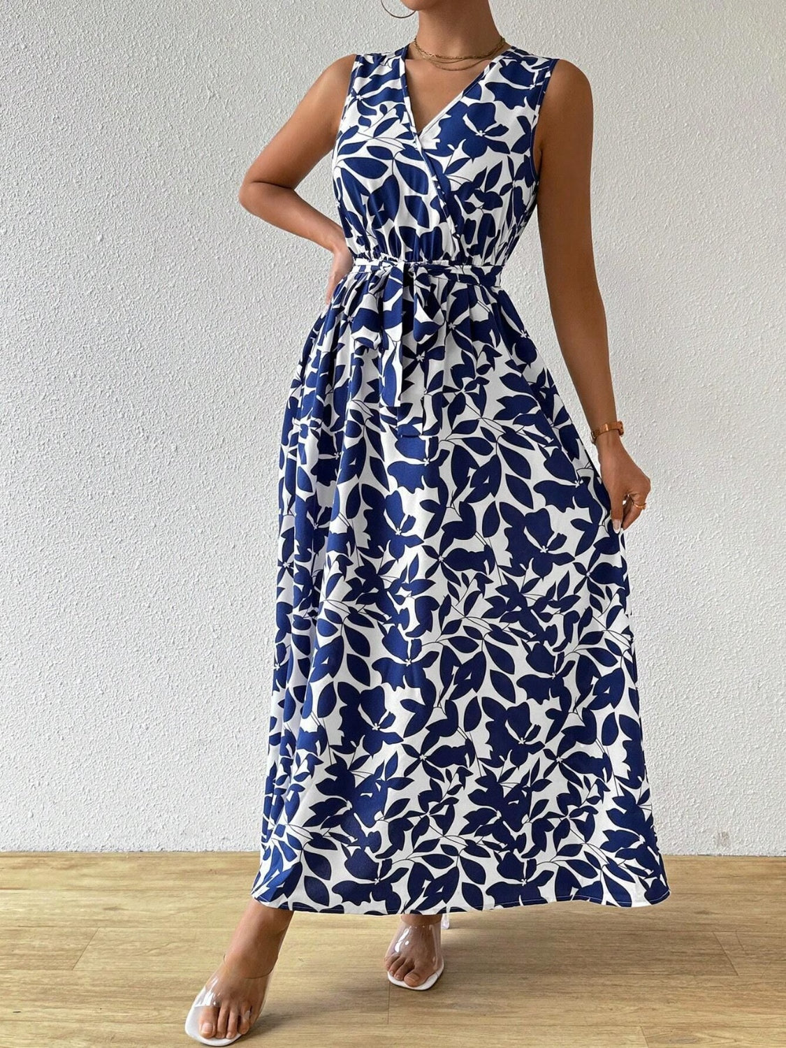 Floral Maxi Dress Women - Navy Belted Surplice Sleeveless Summer Dress - MARIGOLD COLLECTIONS AUSTRALIA