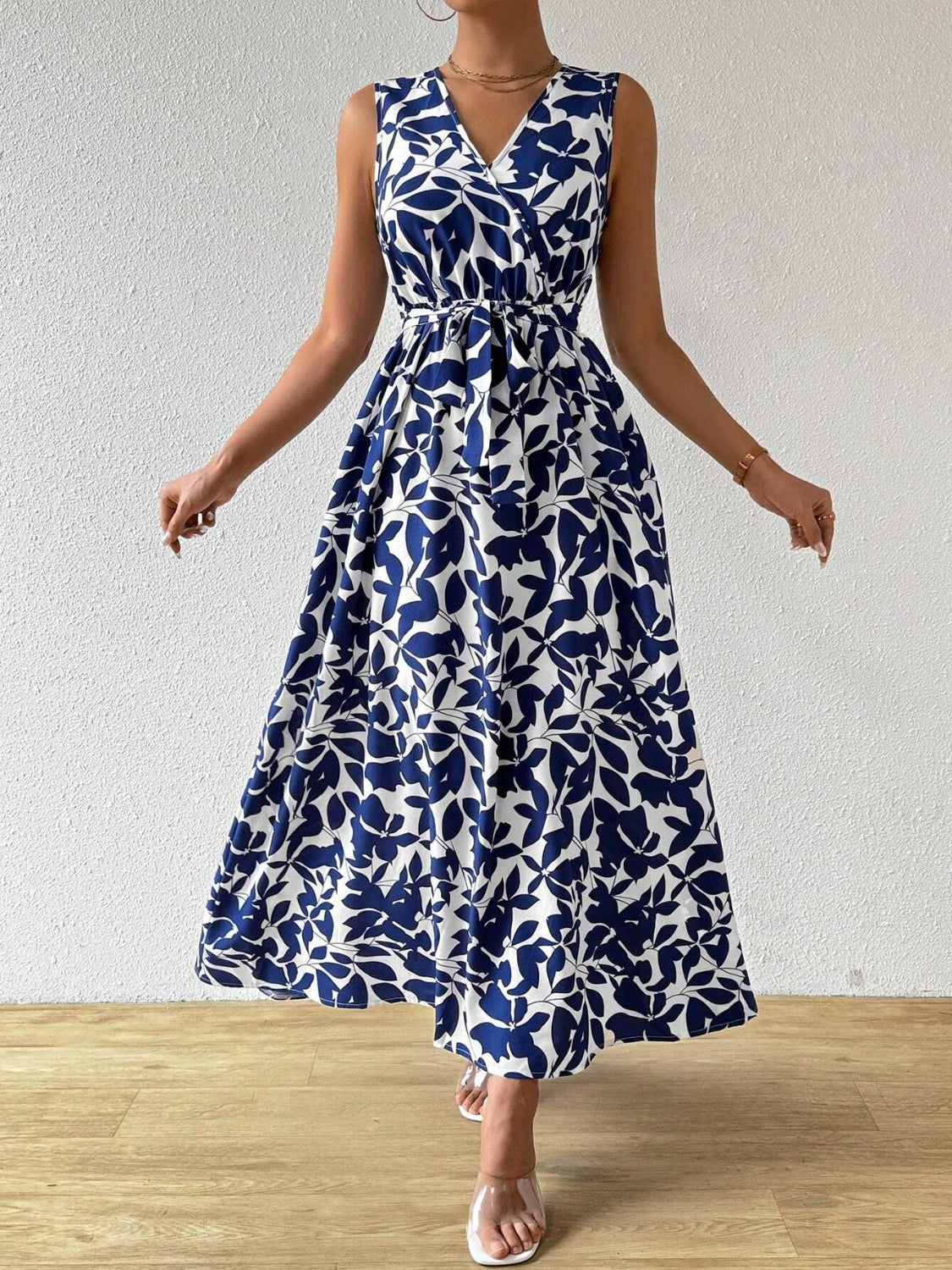 Floral Maxi Dress Women - Navy Belted Surplice Sleeveless Summer Dress - MARIGOLD COLLECTIONS AUSTRALIA