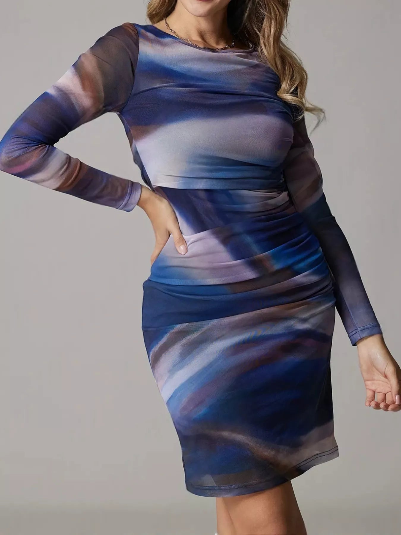 Watercolor Print Mesh Bodycon Dress