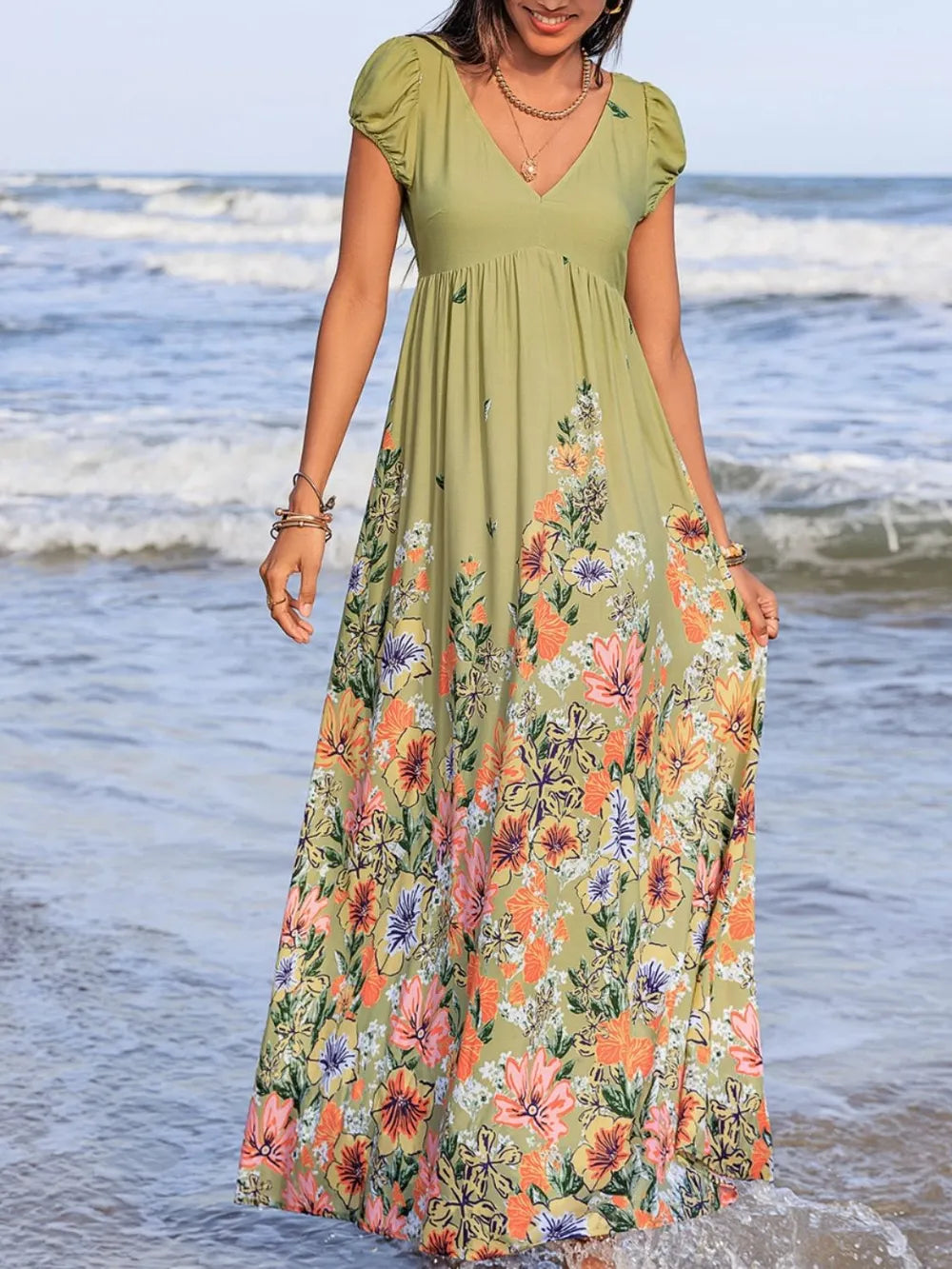 Backless Floral Maxi Dress - V-Neck Short Sleeve Long Dress