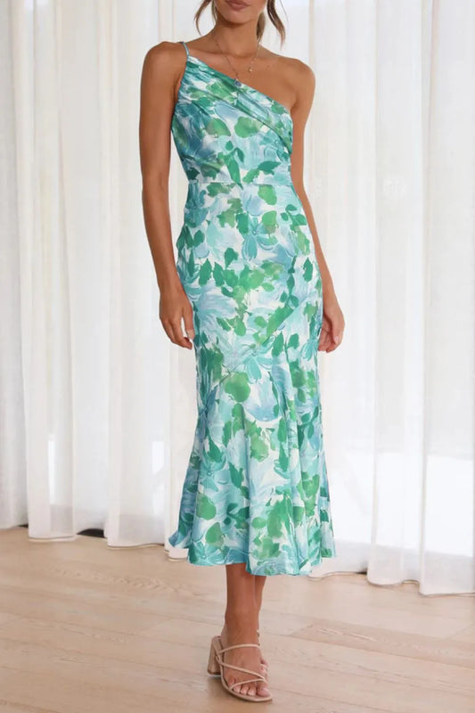 Teal Ruched One Shoulder Midi Dress