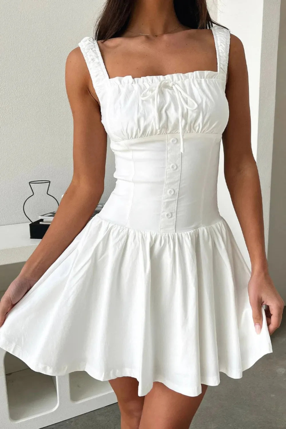 Modern Square Neck Cami Mini Dress - Elegant Button Detail Party Dress white