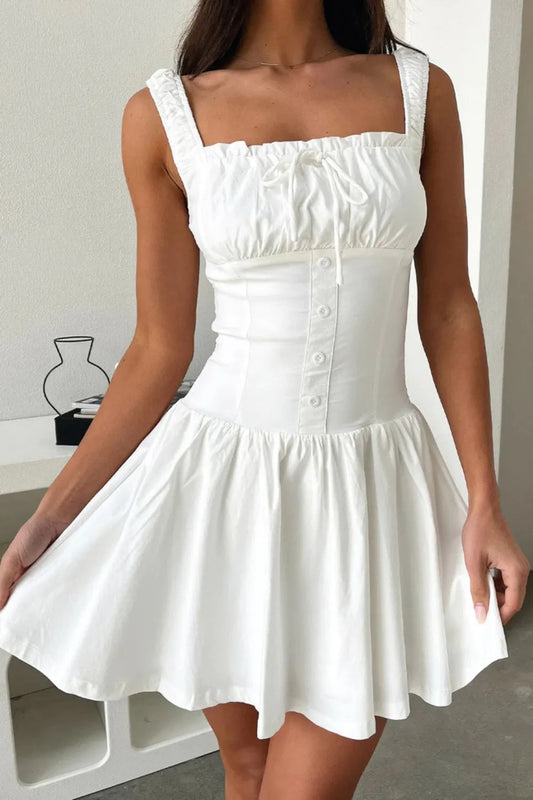 Modern Square Neck Cami Mini Dress - Elegant Button Detail Party Dress white