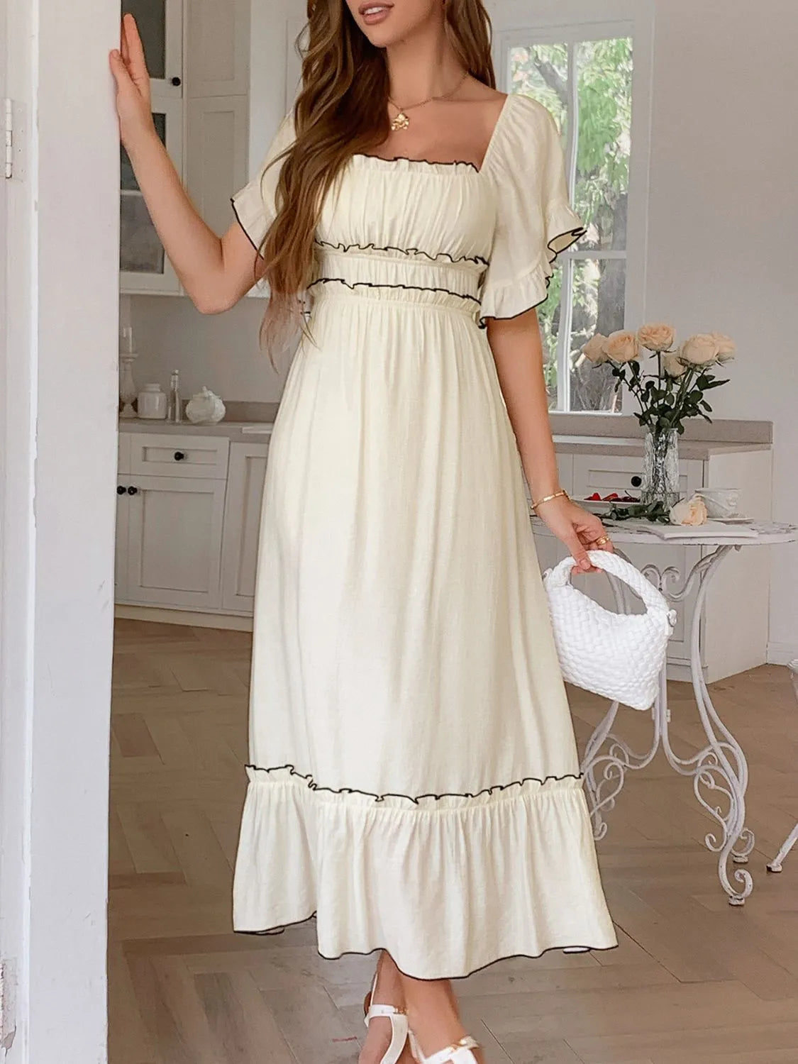 Square Neck Puff Sleeve Ruffle Trim Maxi Dress apricot