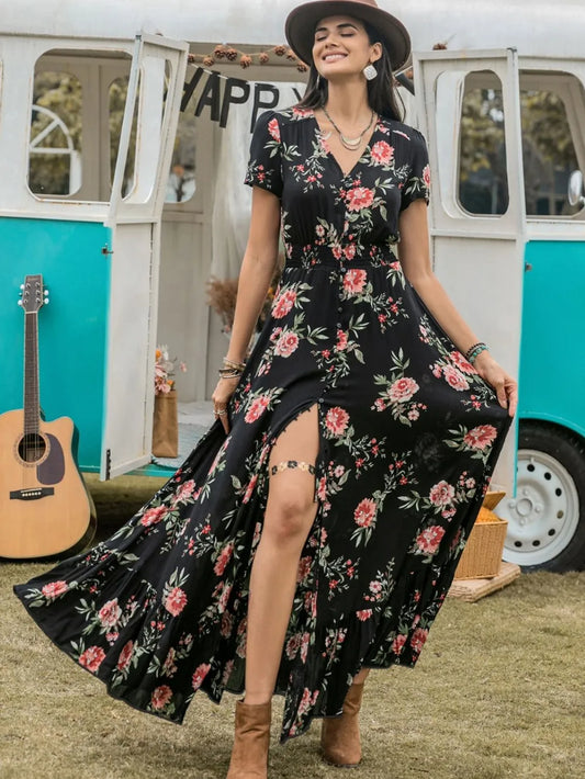 Floral Print V-Neck Maxi Dress with Button Front & Smocked Waist
