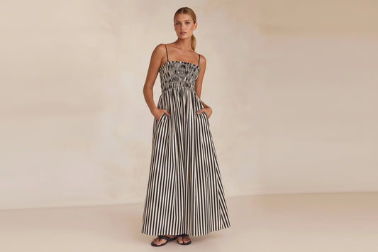 Black and White Striped Smocked Cami Maxi Dress