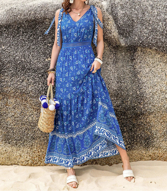 Floral-Print Boho Tie-Shoulder Maxi Dress