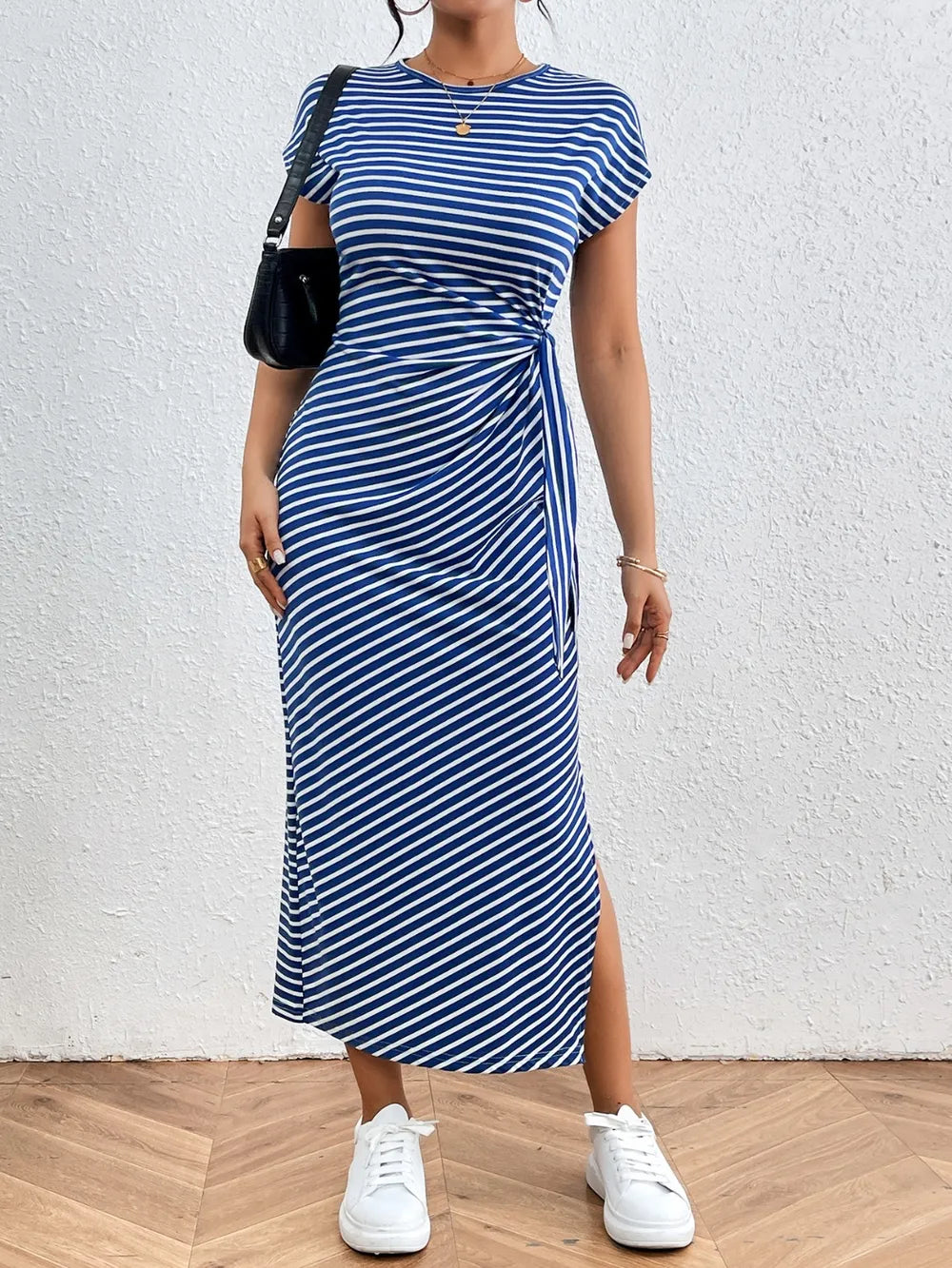 Striped Side Tie Short Sleeve Tee Dress blue