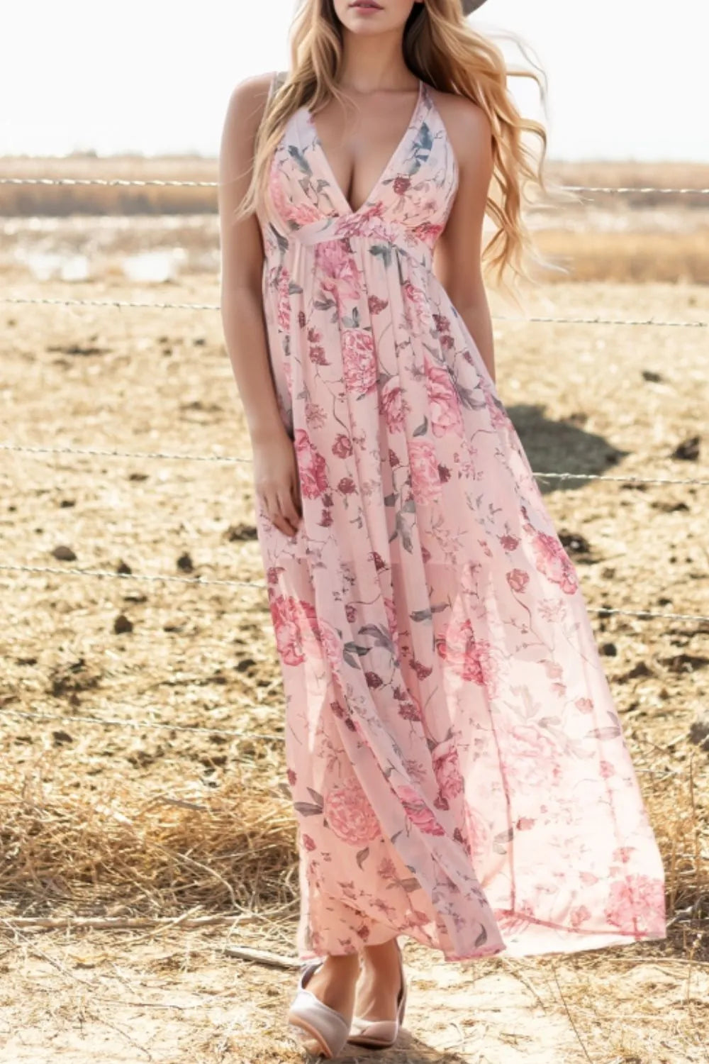 Floral Pleated Deep V Backless Maxi Dress