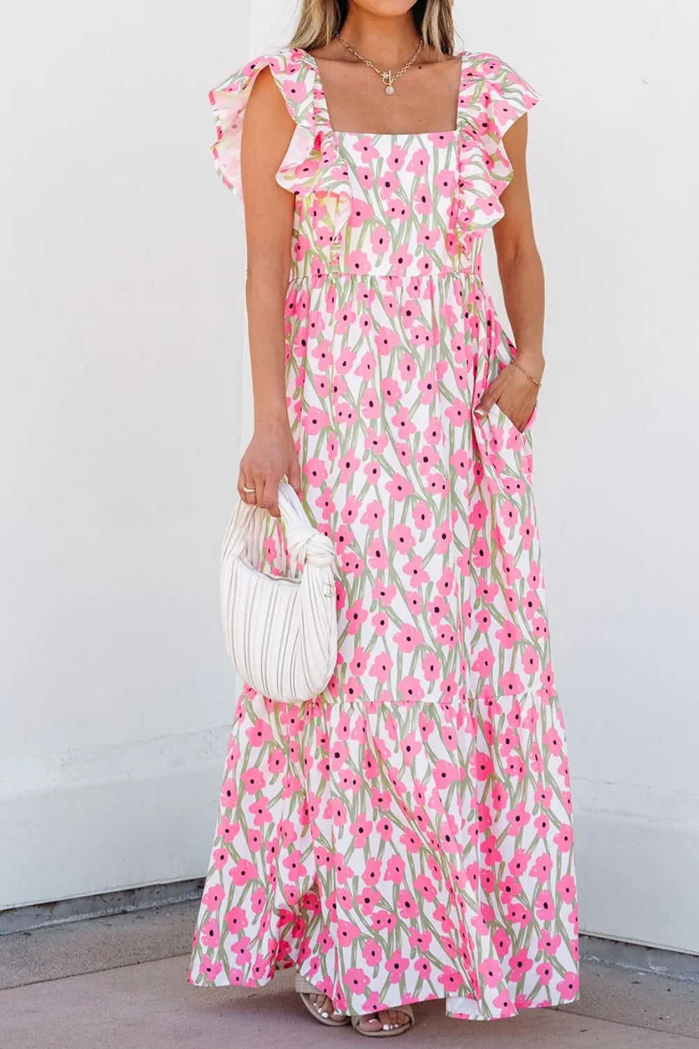 Floral Ruffle Sleeve Maxi Dress with Pockets