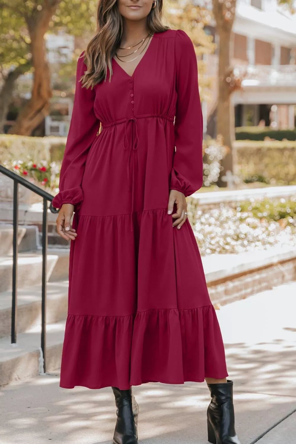Long Sleeve Tiered Maxi Dress Burgundy