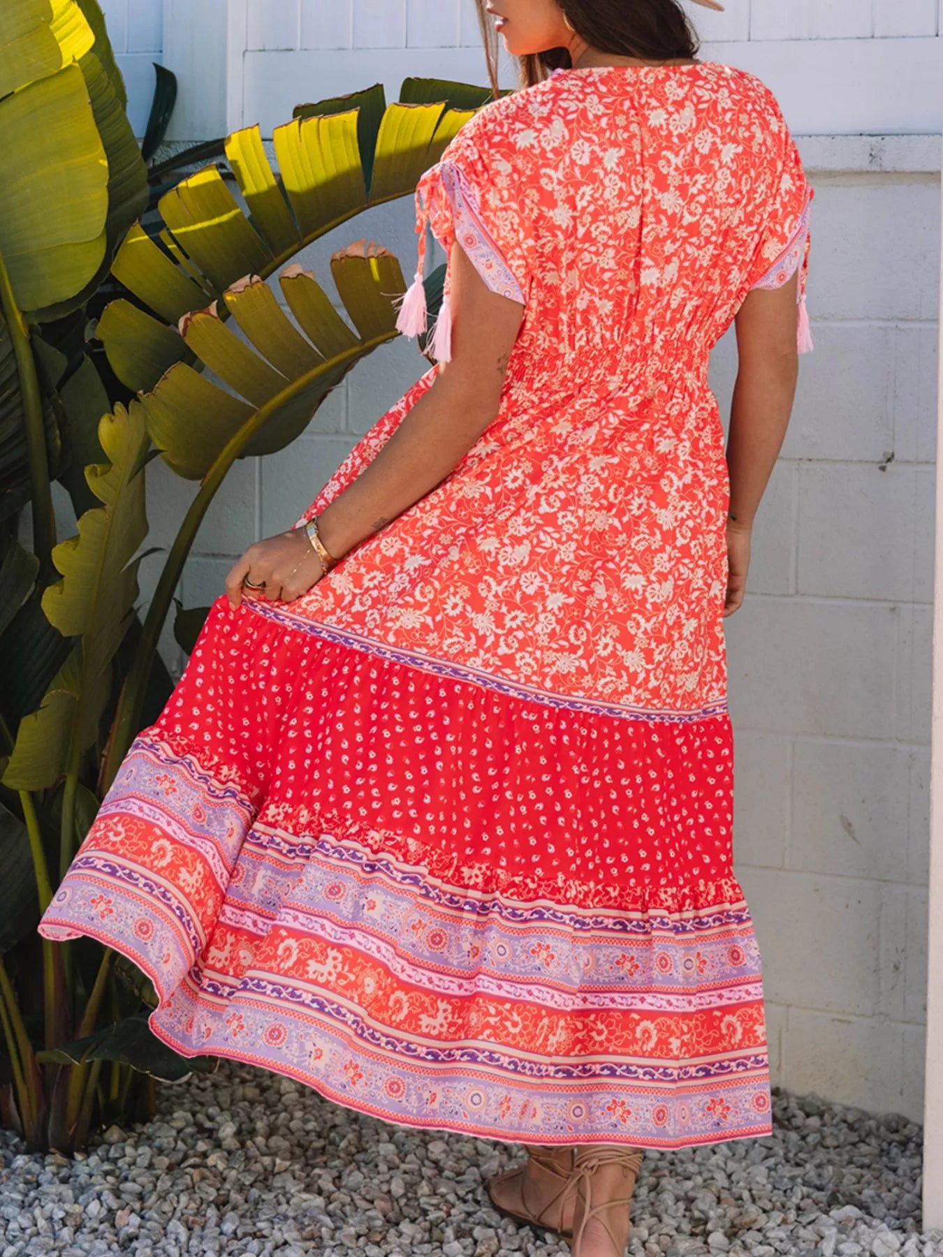 Floral Print Empire Waist Maxi Dress with Tassel Sleeves - Women's Boho Maxi Dress - MARIGOLD COLLECTIONS AUSTRALIA