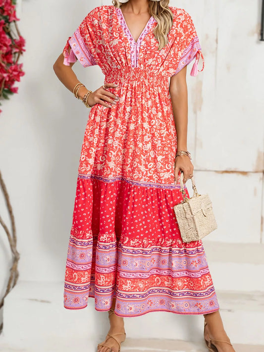 Floral Print Empire Waist Maxi Dress with Tassel Sleeves - Women's Boho Maxi Dress
