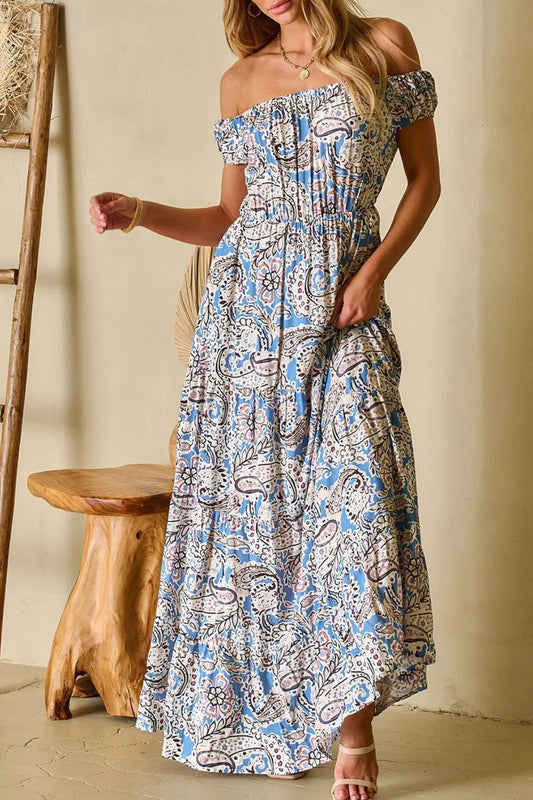 Paisley Print Off Shoulder Maxi Dress