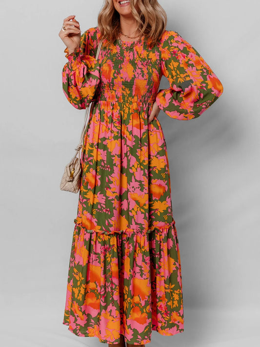 Floral Maxi Dress Long Sleeve - Smocked Waist Boho Dress with Pockets